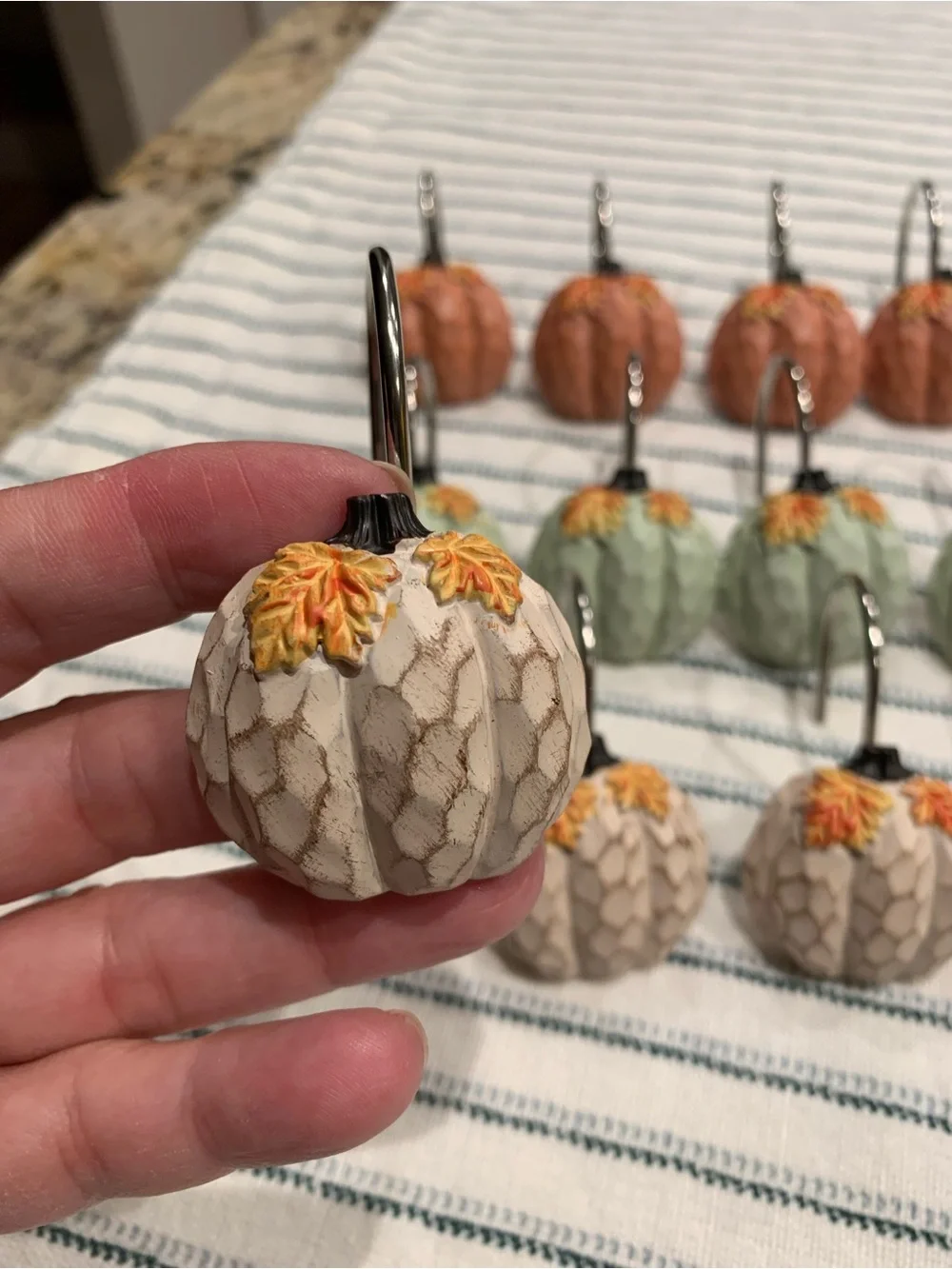 Set of Decorative Pumpkin Shower Curtain Hooks - Orange, Green, Beige